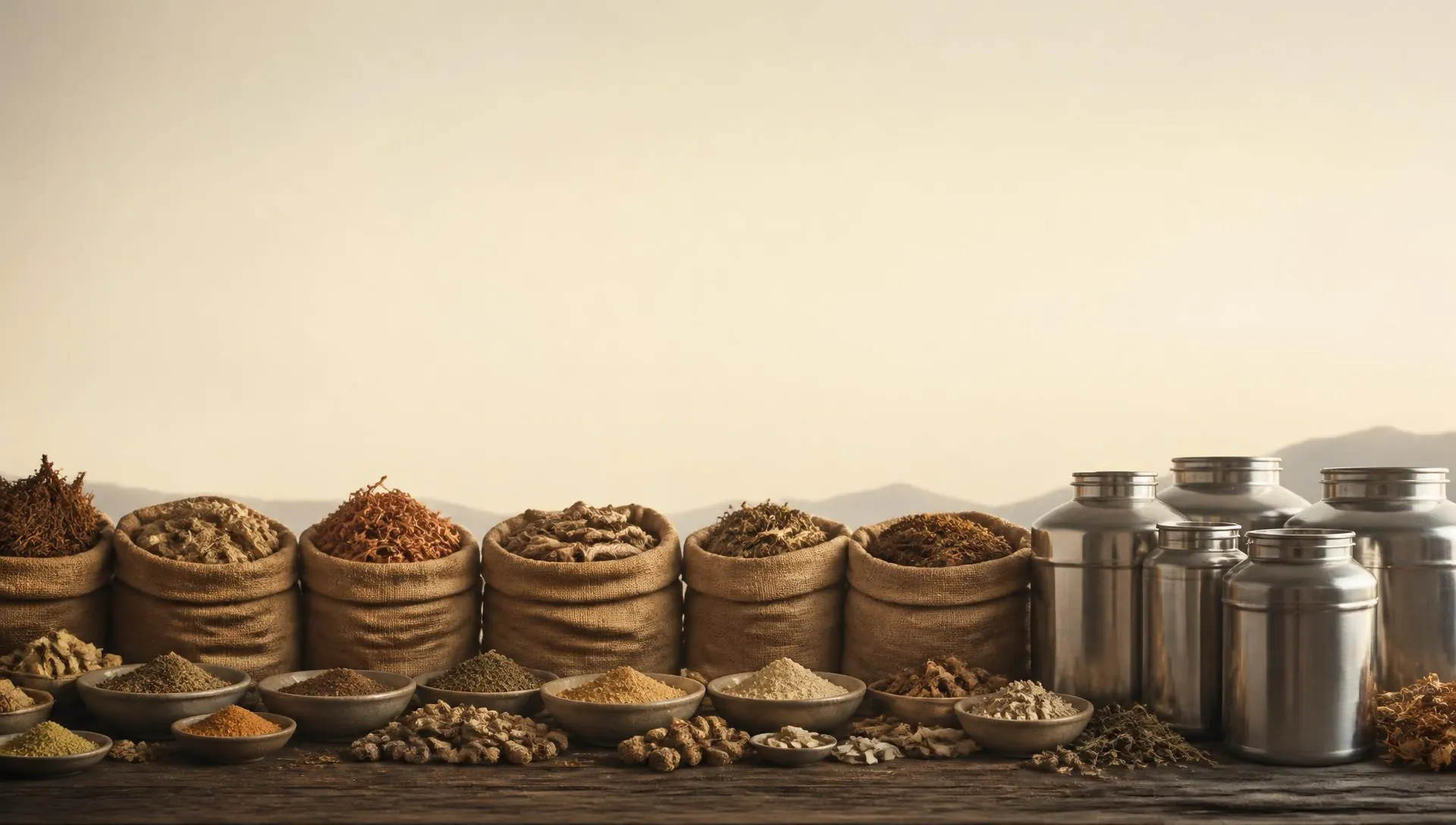 Bulk Ayurvedic herbs, powders and natural oils in a sourcing warehouse